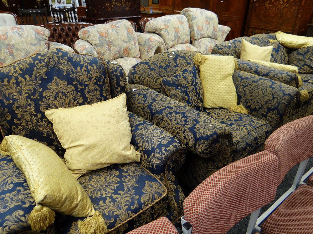 Four-piece fabric upholstered settee suite comprising two-seater settee, two armchairs and footstool