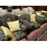 Four-piece fabric upholstered settee suite comprising two-seater settee, two armchairs and footstool