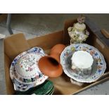 A crate of various china including covered bowls, leaf plates ETC Condition reports provided on