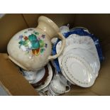 A box of mixed china, mainly teaware including Richmond Blue Rock, Royal Doulton Citadel ETC