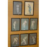 A framed series of seven vintage cricketing prints, each depicting players from the early part of