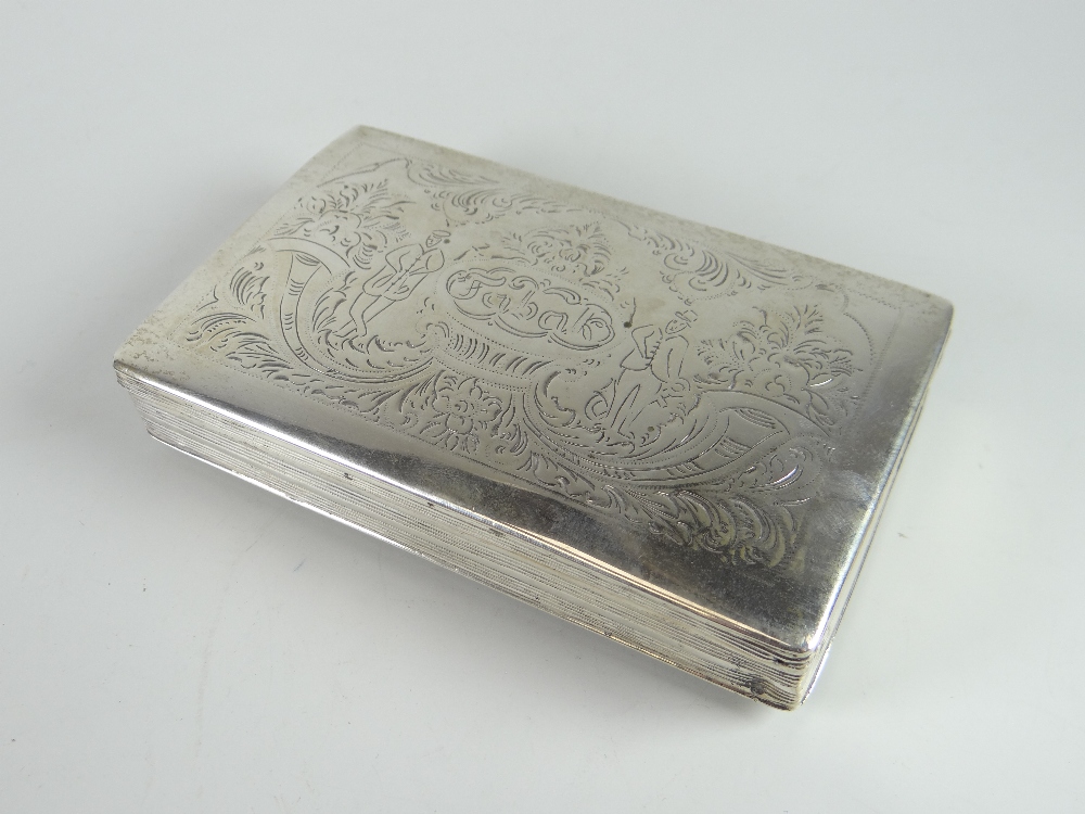 White metal rectangular engraved tobacco box, engraved to the top with two figures amongst scroll