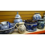 A collection of modern blue & white items including large bowl and jug, lidded jar, foot bath, vases