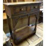 A neat antique reproduction oak hall table with drawer and platform base Condition reports