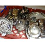 A crate of various metalware including EPNS galleried trays, teaware, flatware ETC Condition reports