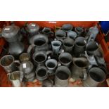 Tray of various pewter mainly tankards, some lidded Condition reports provided on request by email