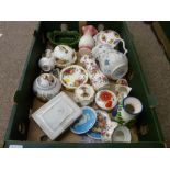 Quantity of floral decorated dishes, pin boxes and ornaments by Royal Albert, Fenton and others