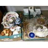 Box of assorted china, treen ware and a box of quality glassware and electroplate including ship's