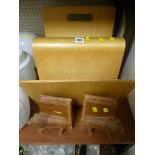 Designer plywood magazine rack and a pair of lion treen bookends