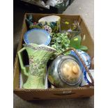 Box of decorative porcelain including lustre vase, planters etc