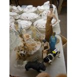 Collection of composition figurines and animals, a crystal type glass rat etc