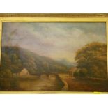 English School oil on board - river scene with figures on a bridge, 24 x 36 cms