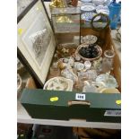Mixed box of collectables including a group of ebony elephants, German cabinet figurines etc