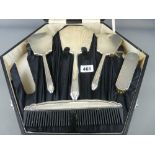 Cased five piece silver dressing table set of hand mirror, three brushes and comb (one further brush