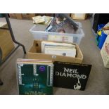 Box and a plastic crate of vintage LP records, mixed contents including classical music and