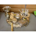 Two silver stopped dressing table pots, a silver thimble, a set of six silver handled knives and