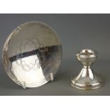 Hallmarked silver squat candlestick and a small pedestal dish