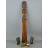 Oriental carved wood page turner, a carved owl netsuke, two Oriental toad top metal cane handles and