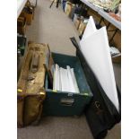 Crate of picture posters and framed prints, a canvas holdall containing blank canvasses etc and a