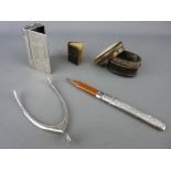 Pair of silver wishbone tongs, a chased silver pencil, an EPNS snuff box and a horn example