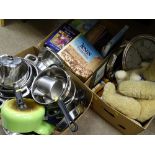 Box of quality kitchen pans etc, box of miscellaneous reference books and a box of soft toys and