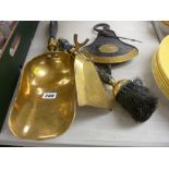 Vintage Salter & Co quadrant balance, a brass scoop and a fireside brush and shovel set