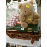 Wicker picnic basket, a Scrabble board game and two soft toys