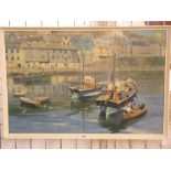 DAVID SHEPHERD print - fishing boats in harbour, 50 x 75 cms