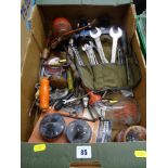 Box of garage items - spanners, small red vintage oil can, bit 'n' brace etc
