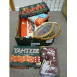 Vintage board game, tennis racquets etc