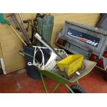 Parcel of long handled garden tools in a plastic bin, metal wheelbarrow etc