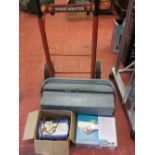 Workmaster sack trolley, cantilever toolbox and contents, Davenset Mk VI battery charger and a