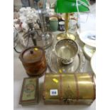 Brass and copper casket, a vintage style desk lamp, a selection of trays and other metalware etc