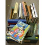 Box of vintage and other books including an old Mickey Mouse annual