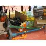 Large parcel of household and garage items including iron, Kenwood Chef, Steam Genie, strimmers