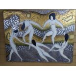 Composition art form wall board, sgraffito style decoration of a group of naked dancing females,