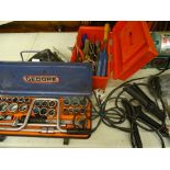 Gedore cased socket set and a parcel of garage tools including Clarke grinder E/T