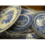 Box of Willow pattern etc dresser plates and platters