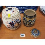 Doulton Lambeth lidded tobacco jar and another Staffs tobacco jar