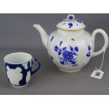 First period Worcester James Giles dry blue decorated teapot and a part decorated cup with blue