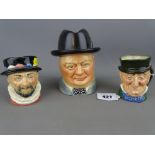 Falcon ware pottery jar and ashtray hat depicting Churchill and two mid size Royal Doulton character