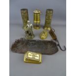 Pair of repousse brass vases, an Oriental pen tray, a brass curling iron heater titled 'La Favorite'