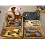 Selection of vintage shoes, a Gladstone type bag, a fur stole etc