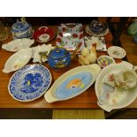 Mixed collection of pottery and china ware including a Wedgwood hunting jug, two pottery teapots,