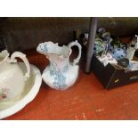 Box of good porcelain including floral teaware, Indian Tree, wash basin and jug set and another jug