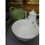 Wedgwood 'Satin' bone china fruit bowl, an art pottery vase and a Wedgwood bone china coffee pot and