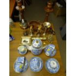 Fifteen piece Windsor china blue and white Willow pattern tea service, a pair of oak candlesticks