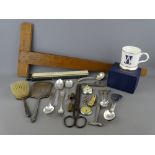 Mixed box of silver and collectables including a hand mirror and brush, a small quantity of