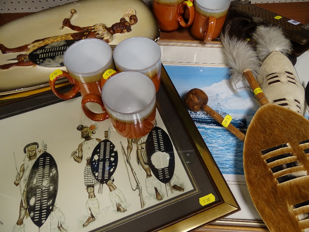 Two vintage wooden tie presses, a parcel of Zulu commemorative items, limited edition maritime print