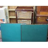 Wooden bedside storage cabinet with two woven wicker drawers and two baize topped folding card